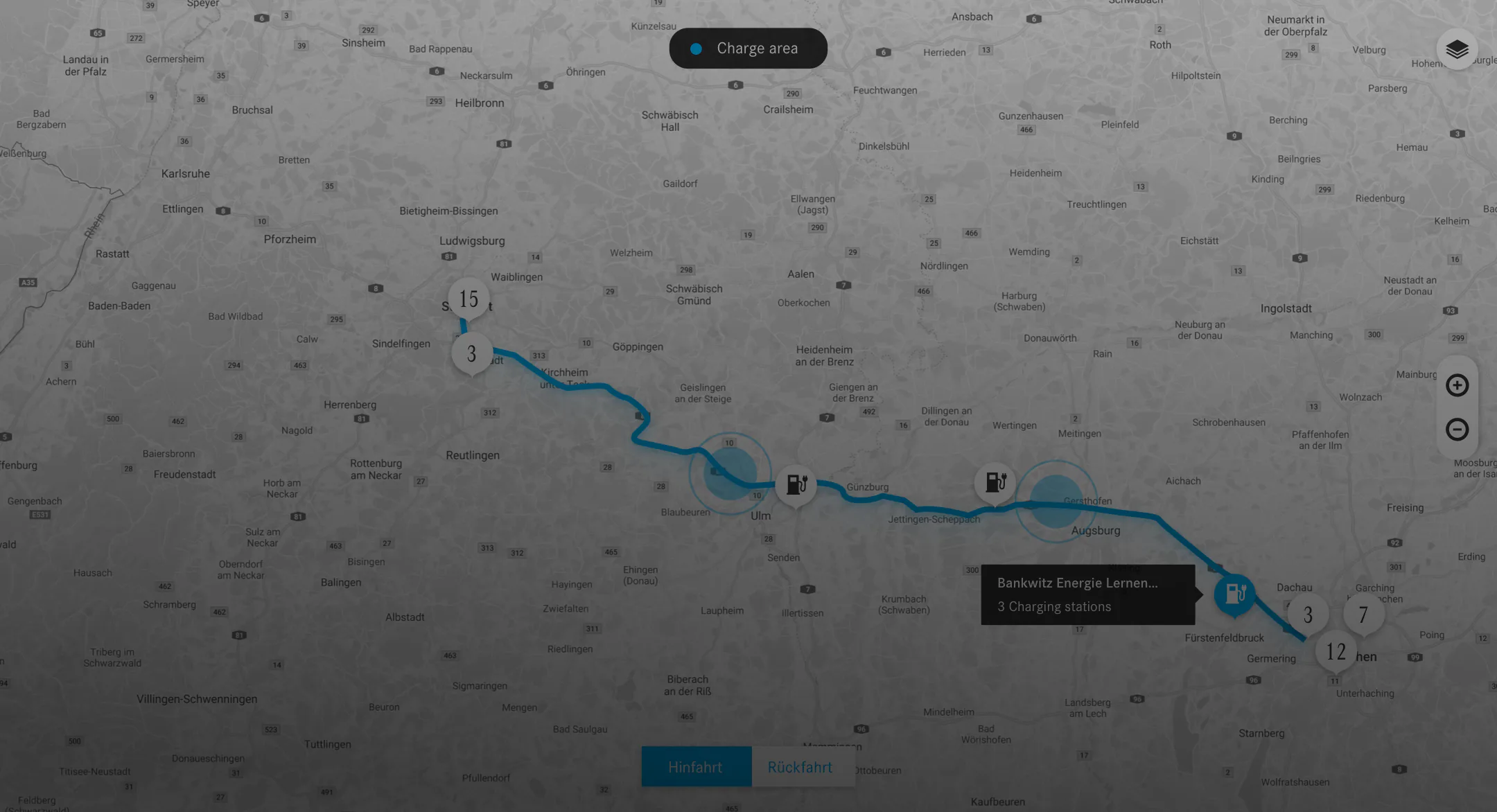 Kartenansicht mit Route und Ladestationen