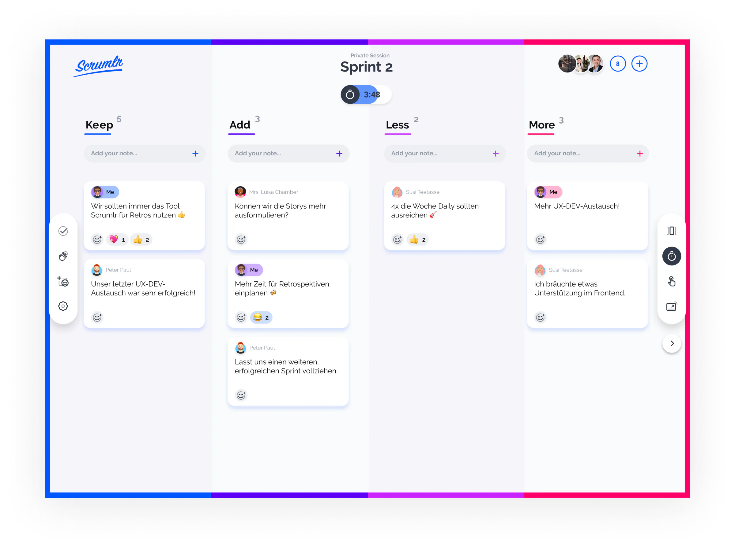 Scrumlr-Board mit Reaktionen im Light Mode