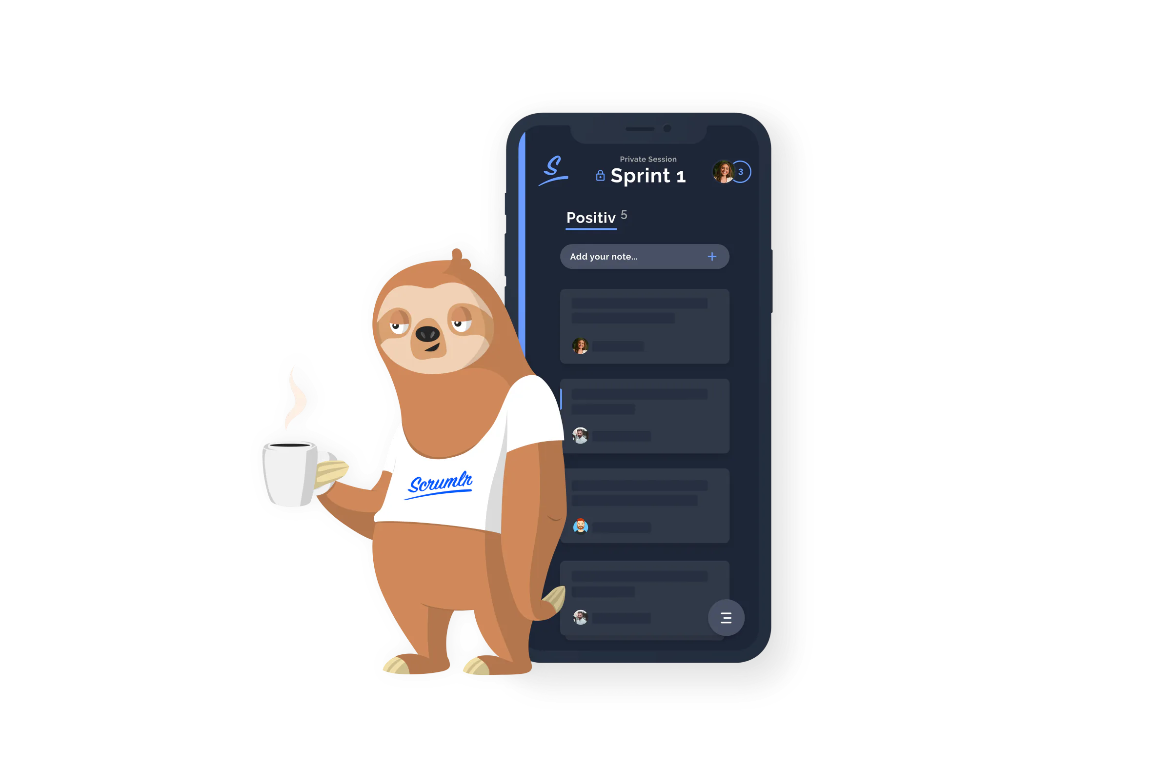 Scrumlr im Dark Mode auf einem Smartphone mit Maskottchen Stan