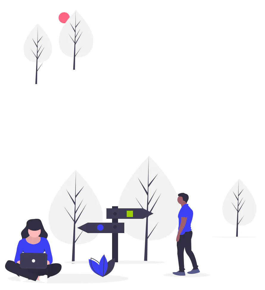 Illustration: Zwei Personen an einem Wegweiser im Wald