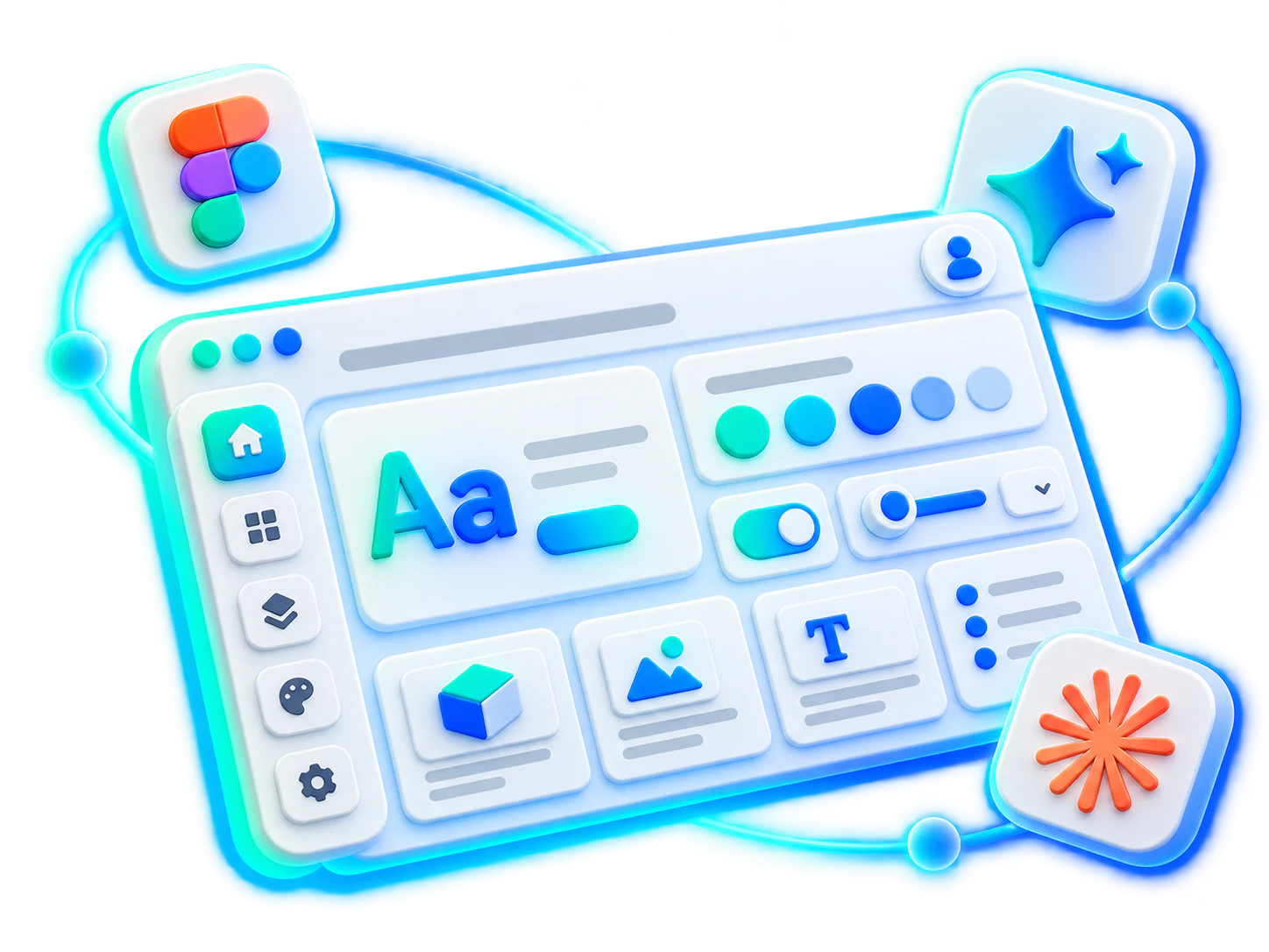 Dreidimensionales Design System mit Typografie, Farbpalette und wiederverwendbaren UI-Komponenten.