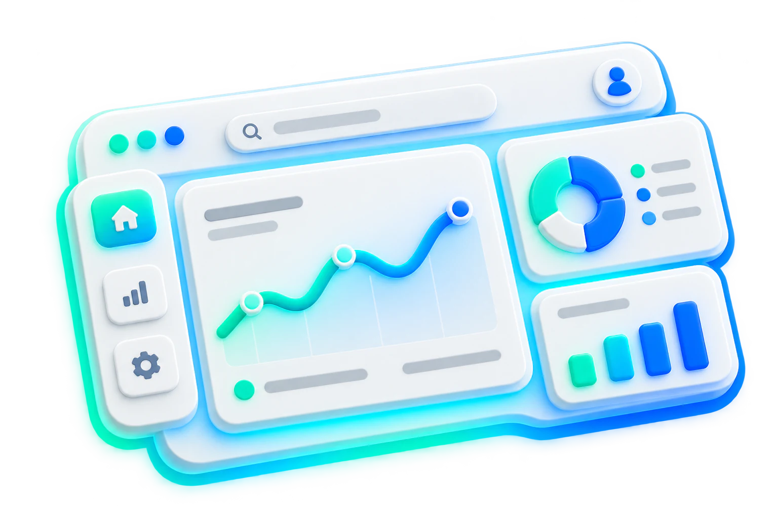 Dreidimensionales Produkt-Dashboard mit Diagrammen und Bedienelementen.