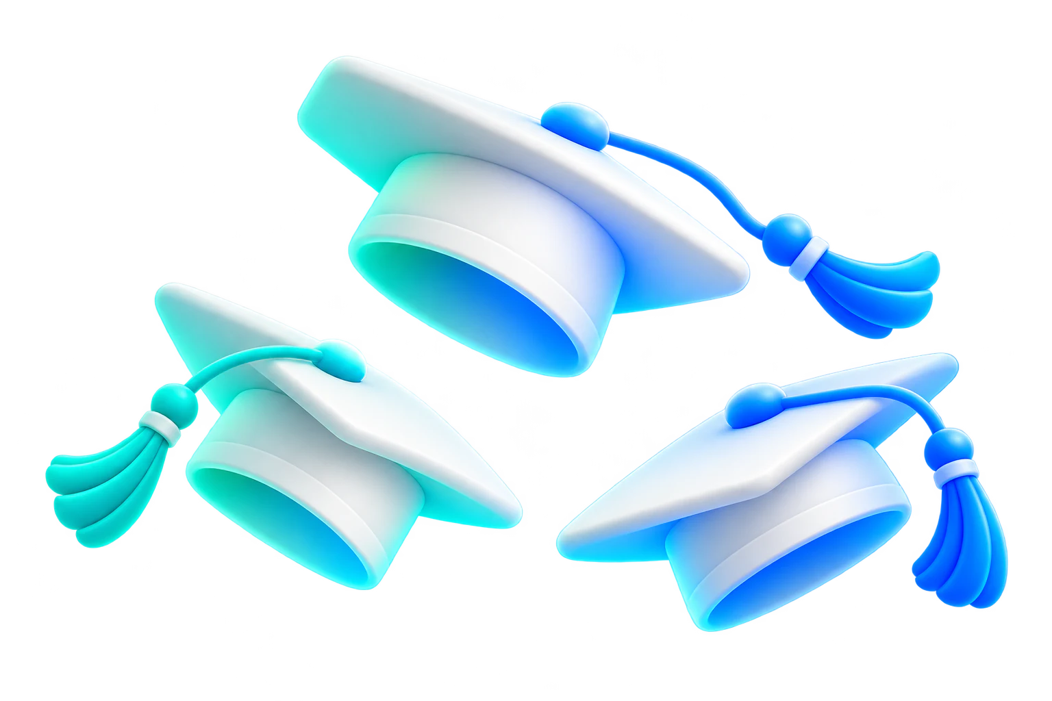 Drei schwebende Graduation Hats mit blau-grünen Lichtakzenten.
